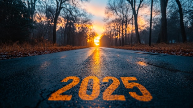 Un paisaje tranquilo se despliega con un amanecer que ilumina una carretera  sinuosa marcada con 2025 que simboliza nuevas oportunidades en el horizonte  | Imagen Premium generada con IA